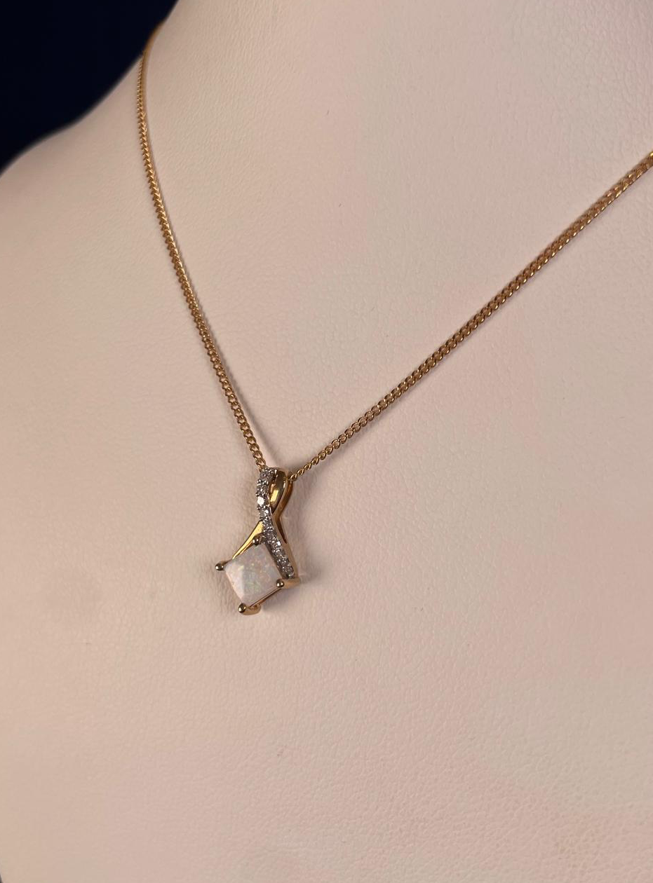 9ct Yellow Gold Square White Opal with Crossover Diamond Bale Pendant Necklace