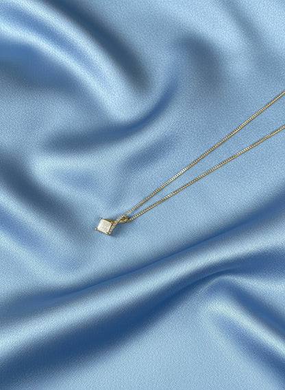 9ct Yellow Gold Square White Opal with Crossover Diamond Bale Pendant Necklace