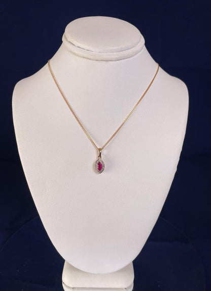 9ct Yellow Gold Marquise Ruby & Diamond Pendant Necklace