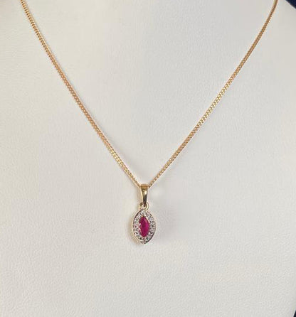 9ct Yellow Gold Marquise Ruby & Diamond Pendant Necklace