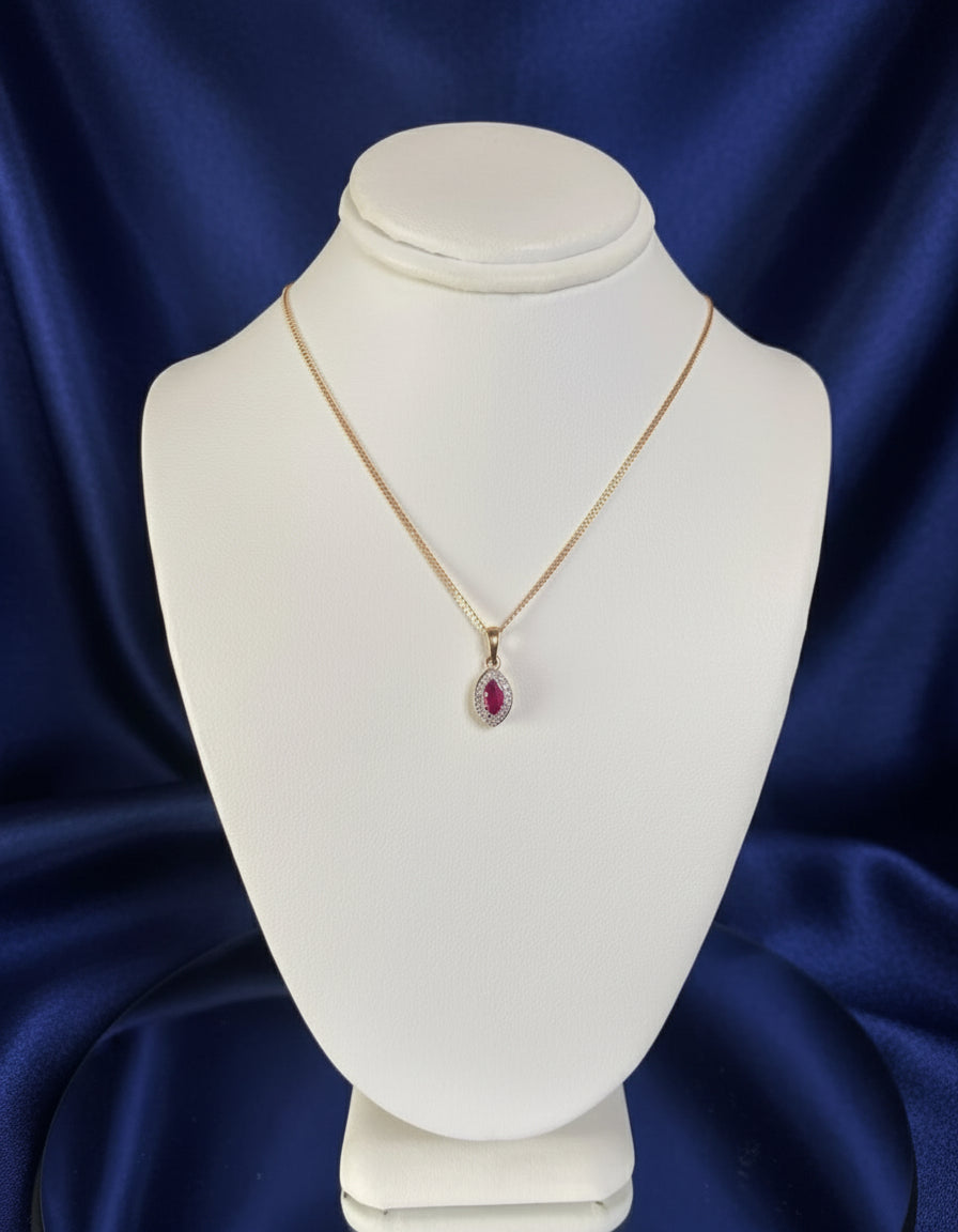 9ct Yellow Gold Marquise Ruby & Diamond Pendant Necklace