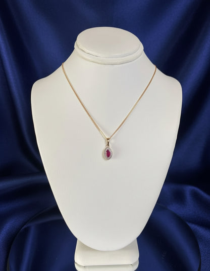 9ct Yellow Gold Marquise Ruby & Diamond Pendant Necklace