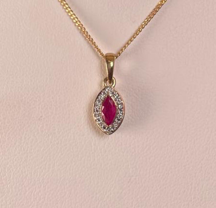 9ct Yellow Gold Marquise Ruby & Diamond Pendant Necklace