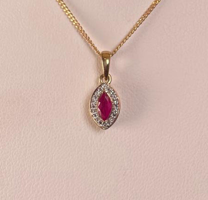 9ct Yellow Gold Marquise Ruby & Diamond Pendant Necklace