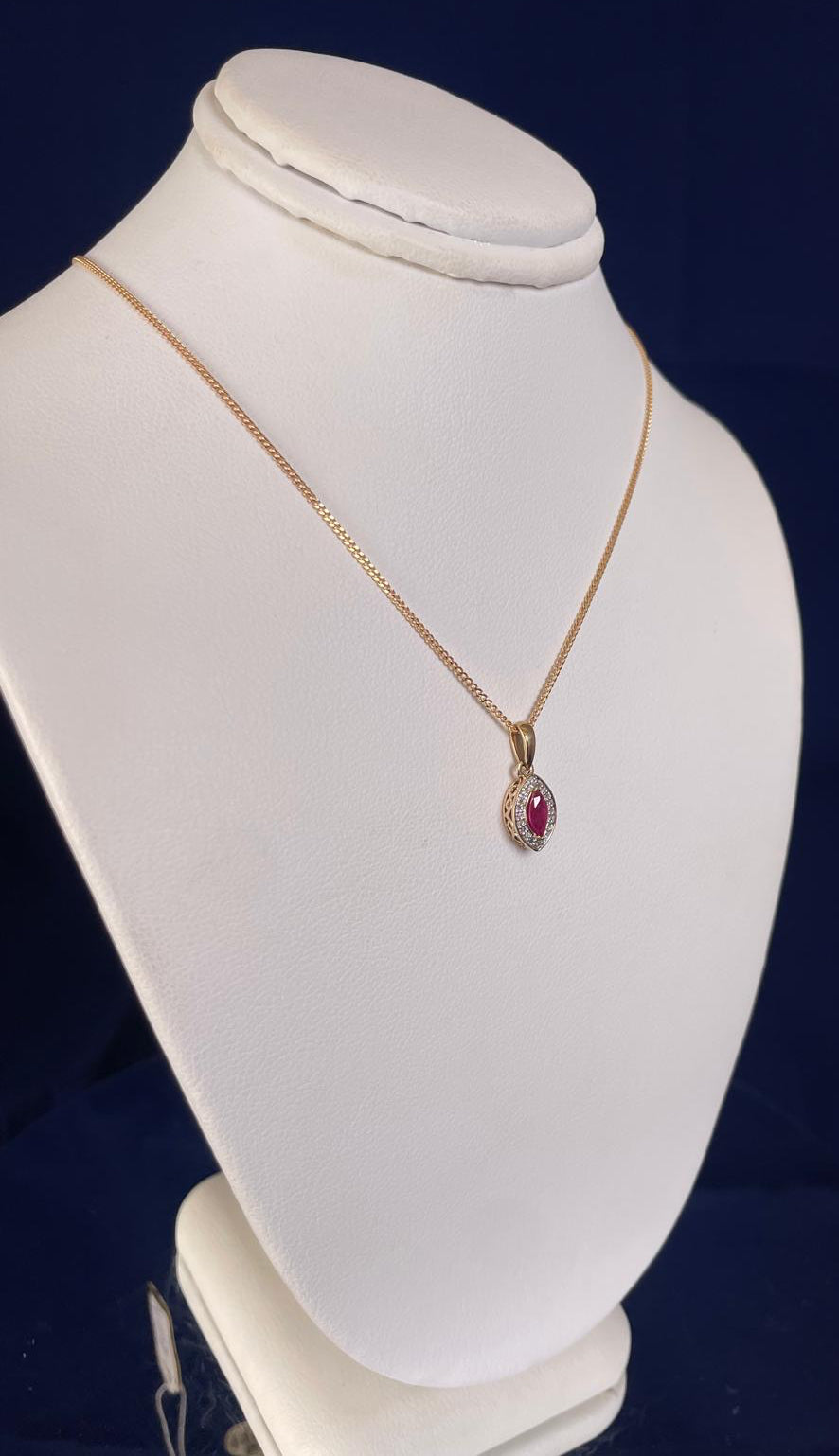 9ct Yellow Gold Marquise Ruby & Diamond Pendant Necklace