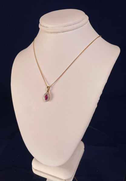 9ct Yellow Gold Marquise Ruby & Diamond Pendant Necklace