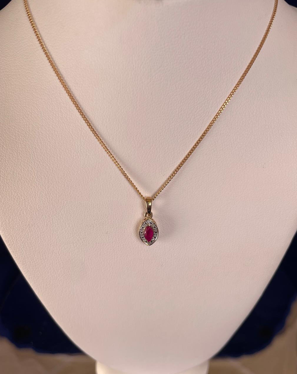 9ct Yellow Gold Marquise Ruby & Diamond Pendant Necklace