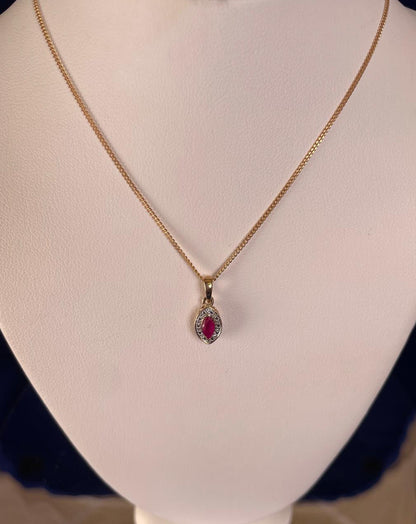 9ct Yellow Gold Marquise Ruby & Diamond Pendant Necklace